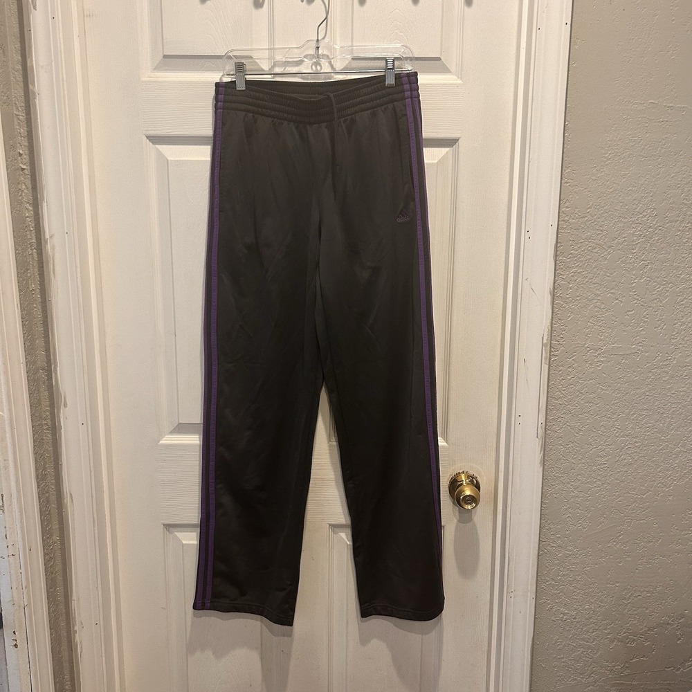 Adidas Womens Track Pants Gray Purple 3-Stripe Straight Leg Elastic Waist L Y2K